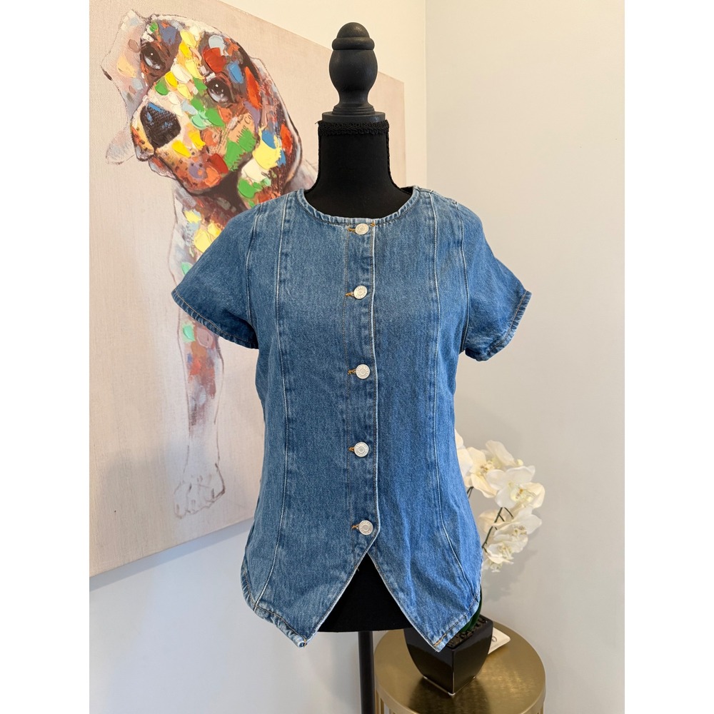 ASOS DESIGN Blue Denim Short Sleeve Button Front Split Hem, Size L Fits S/M